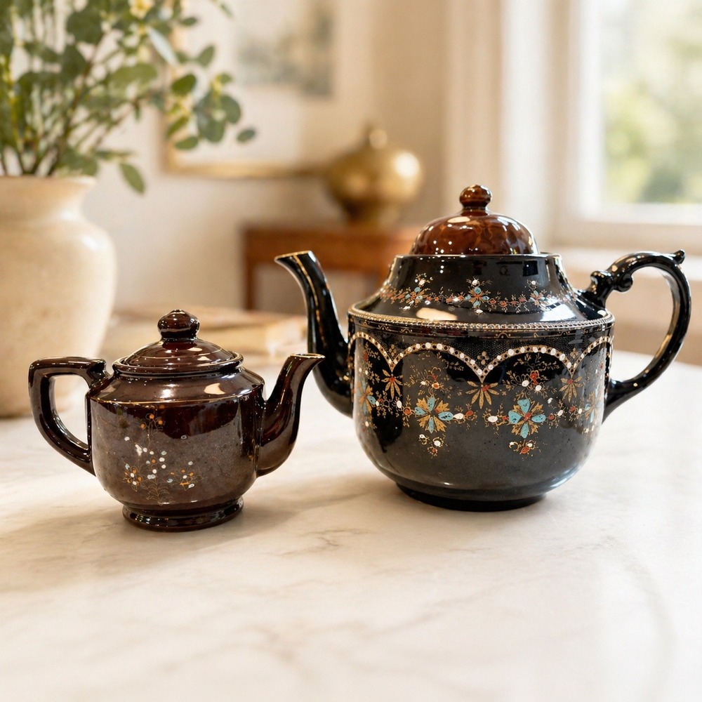 Pair Vintage England Price Bros, No 7 Handpainted Ornate Redware Lidded Teapot